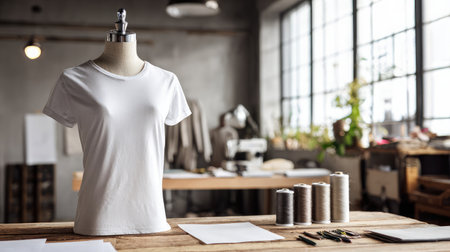 White T-shirt placed on mannequin bust with soft light in a fashion design workspaceの素材