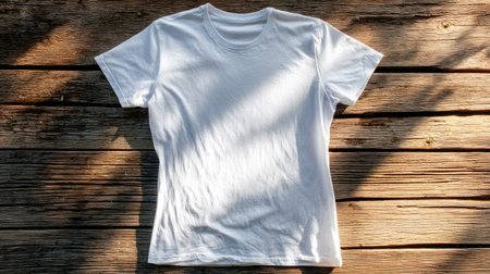 White crew neck T-shirt placed on a rustic wooden surface with shadows and foldsの素材