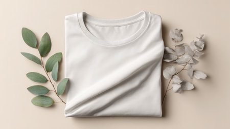 Top view of a white T-shirt placed on a neutral background for product displayの素材