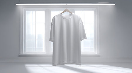 Oversized white T-shirt on hanger with minimalist decor and high-key lightingの素材