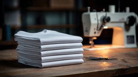 Stack of folded white T-shirts placed beside a sewing machine in a small workshopの素材