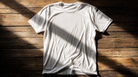 White crew neck T-shirt placed on a rustic wooden surface with shadows and foldsの素材