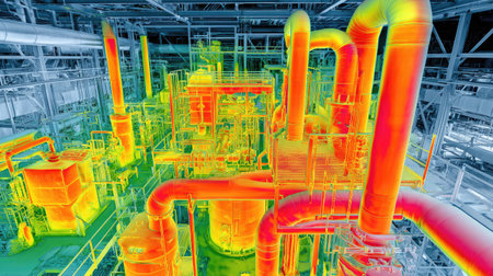 Thermal camera view of industrial equipment showing temperature differentials across surfacesの素材