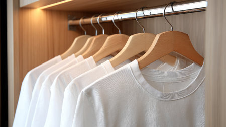 Simple white T-shirt neatly ironed and hanging inside an open wardrobe closetの素材