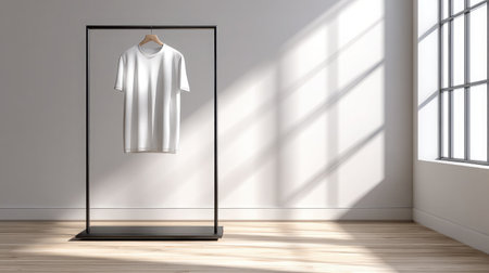 White T-shirt hanging from a minimalist metal rack in a modern studio settingの素材