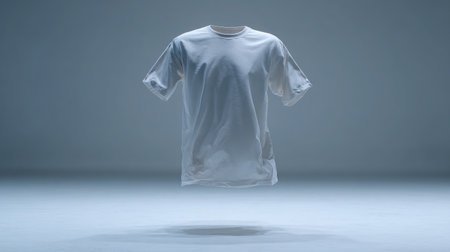 White T-shirt floating midair on a plain background with subtle shadows underneathの素材