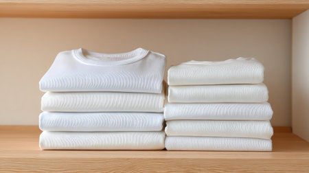 Pile of freshly folded white T-shirts stacked on a clean shelf with minimal decorの素材
