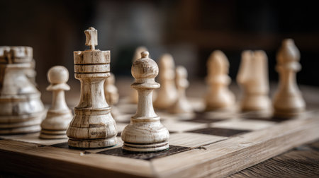 Wooden chessboard with half-finished game, pieces scattered in tension-filled positionsの素材