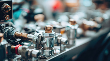 Pneumatic system components and tubing on a testing bench with precision control valvesの素材