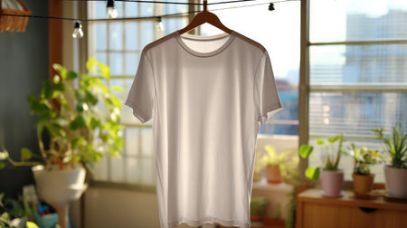 White T-shirt drying on an indoor clothesline in a cozy laundry roomの素材