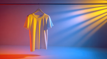 White T-shirt on clothes hanger with abstract colored background and soft studio lightingの素材
