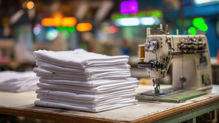 Stack of folded white T-shirts placed beside a sewing machine in a small workshopの素材