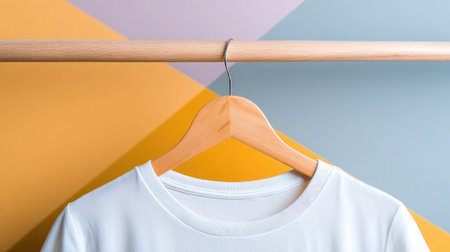 White T-shirt on clothes hanger with abstract colored background and soft studio lightingの素材