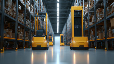 Smart warehouse interior with vertical storage robots and automated forklifts in operationの素材