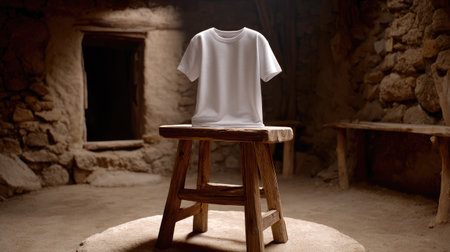 White T-shirt placed on a wooden stool inside a rustic studio spaceの素材