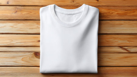 Plain white T-shirt neatly folded on a wooden table with natural lighting and soft shadowsの素材