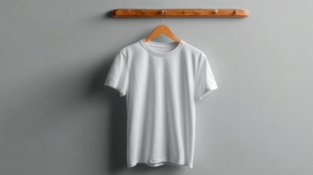 White cotton T-shirt hanging on a wooden hanger against a neutral gray wallの素材