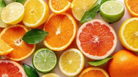 Assortment of whole and halved citrus fruits including oranges, lemons, and limes on a white surfaceの素材