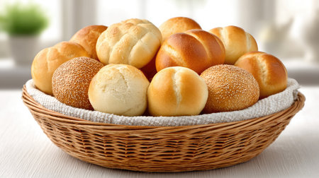 Assorted bread rolls in a basket placed on a white table surfaceの素材