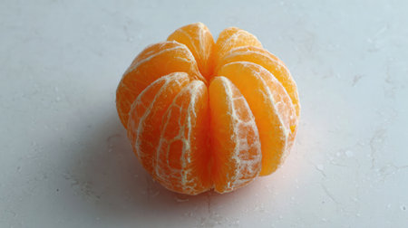 A peeled orange with individual segments arranged neatly on a plain white surfaceの素材