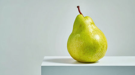 A juicy pear with smooth green-yellow skin placed off-center on a white surfaceの素材