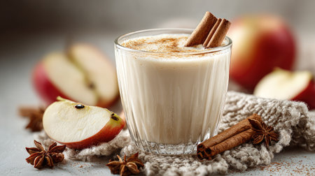 Apple cinnamon smoothie with apple slices and cinnamon sticks styled beside the glass on whiteの素材