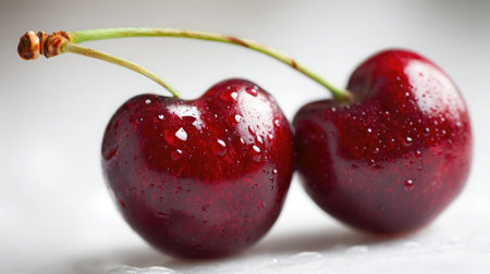 A pair of red cherries with stems touching arranged artfully on a bright white surfaceの素材