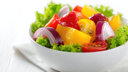 Colorful vegetable salad in a white ceramic bowl isolated on a bright white backgroundの素材