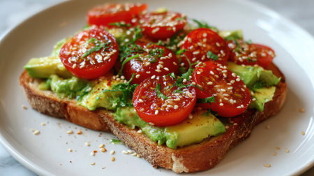 Avocado toast topped with sliced tomato and sesame seeds on a white plateの素材