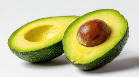 Avocado cut in half showing pit and creamy green interior on plain white backgroundの素材