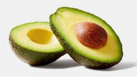 Avocado cut in half showing pit and creamy green interior on plain white backgroundの素材