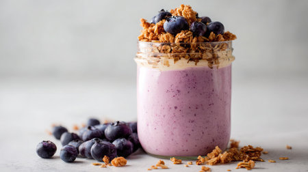 Blueberry smoothie with oat topping in a glass jar, set on a minimal white surfaceの素材