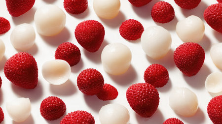 Clean layout of peeled and whole lychees spread out over a white surfaceの素材