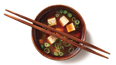 Bowl of miso soup with tofu cubes and green onions on a bright white backgroundの素材
