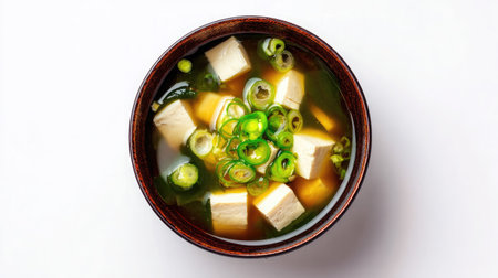 Bowl of miso soup with tofu cubes and green onions on a bright white backgroundの素材