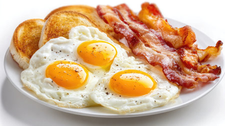 Breakfast set with toast, eggs, and bacon on a round plate with white backgroundの素材
