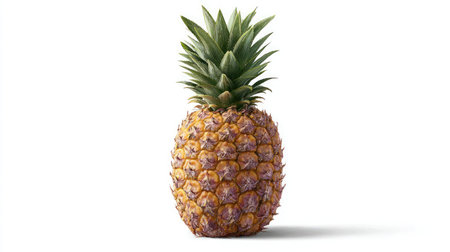 A whole pineapple with detailed texture standing upright on a seamless white backgroundの素材