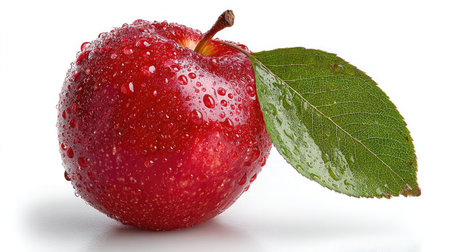 A ripe red apple with water droplets and a single green leaf on a plain white backdropの素材