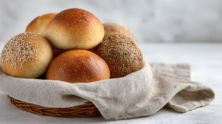Assorted bread rolls in a basket placed on a white table surfaceの素材