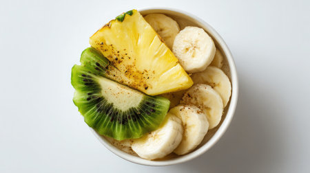 A bowl of tropical fruit including sliced banana and pineapple on a white surfaceの素材