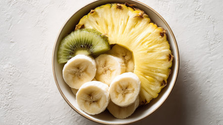 A bowl of tropical fruit including sliced banana and pineapple on a white surfaceの素材