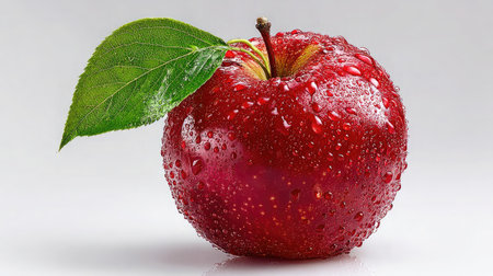 A ripe red apple with water droplets and a single green leaf on a plain white backdropの素材