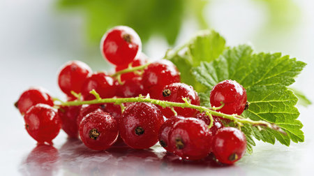 Close-up of red currants on the vine, laid out in contrast with the white backgroundの素材
