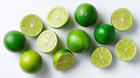 A group of limes, some whole and some sliced, spread out on a bright white backgroundの素材