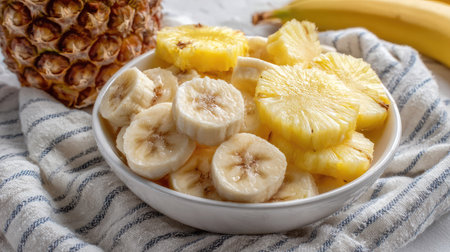 A bowl of tropical fruit including sliced banana and pineapple on a white surfaceの素材