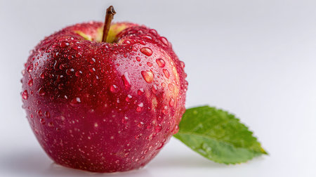 A ripe red apple with water droplets and a single green leaf on a plain white backdropの素材