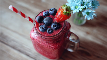 Chia seed smoothie with blueberries and strawberries mixed in, served in a jar on whiteの素材