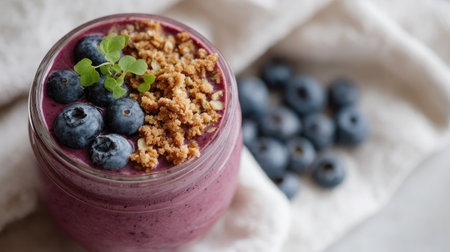 Blueberry smoothie with oat topping in a glass jar, set on a minimal white surfaceの素材