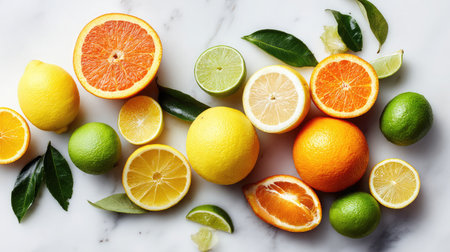 Assortment of whole and halved citrus fruits including oranges, lemons, and limes on a white surfaceの素材