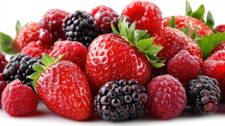 Colorful mixed berries including strawberries, blackberries, and raspberries placed on white surfaceの素材